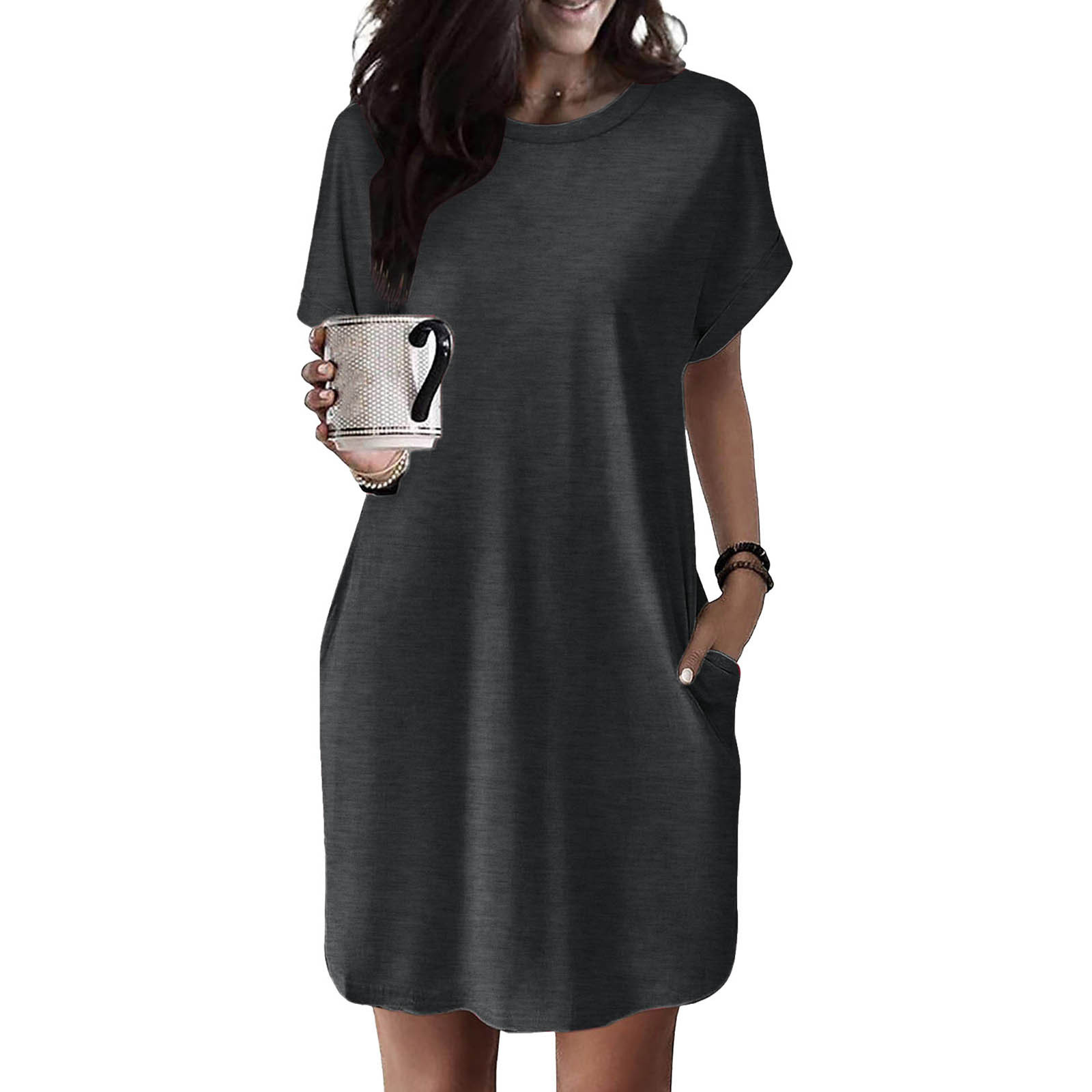 thumbnail image 2 of Vestido camiseta suave de manga corta holgado con bolsillos para mujer - Poliéster spandex, informal de verano - S-XXL, 2 of 7